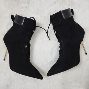 NEW Good American Scandal Black Suede Point Toe Heel Bootie
